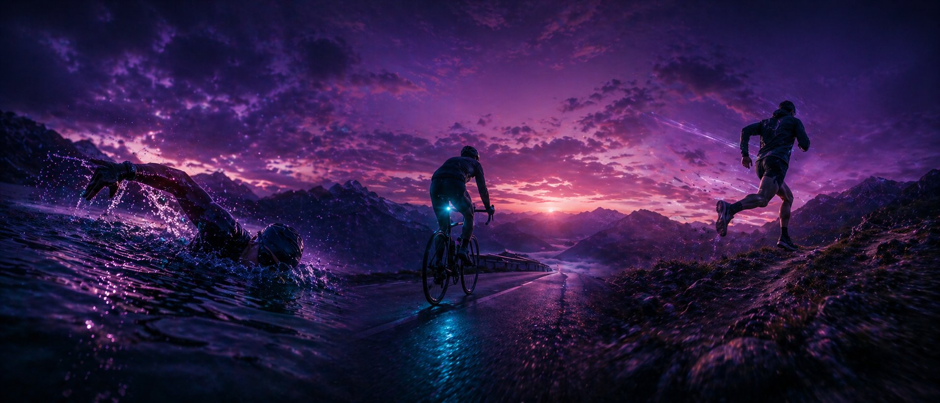 Schwimmen, Rad und Lauf im violetten Morgenlicht
